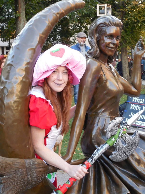 My girlfriend Dorothy as Strawberry Sithcake at the Bewitched statue in Salem.